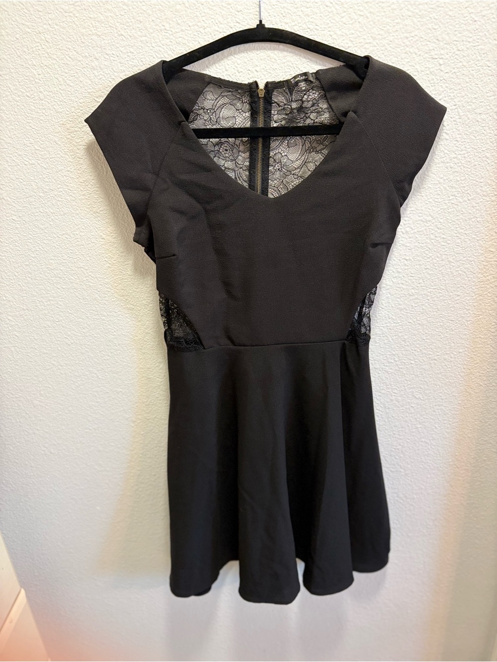 Monteau Black V-Neck Fit & Flare Mini Dress with Lace Insets